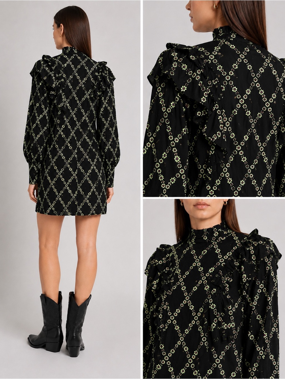 GANNI Black Floral Margarita Ruffle Mini Dress EU 38 / US 6Scandinavian Chic - Picture 2 of 8